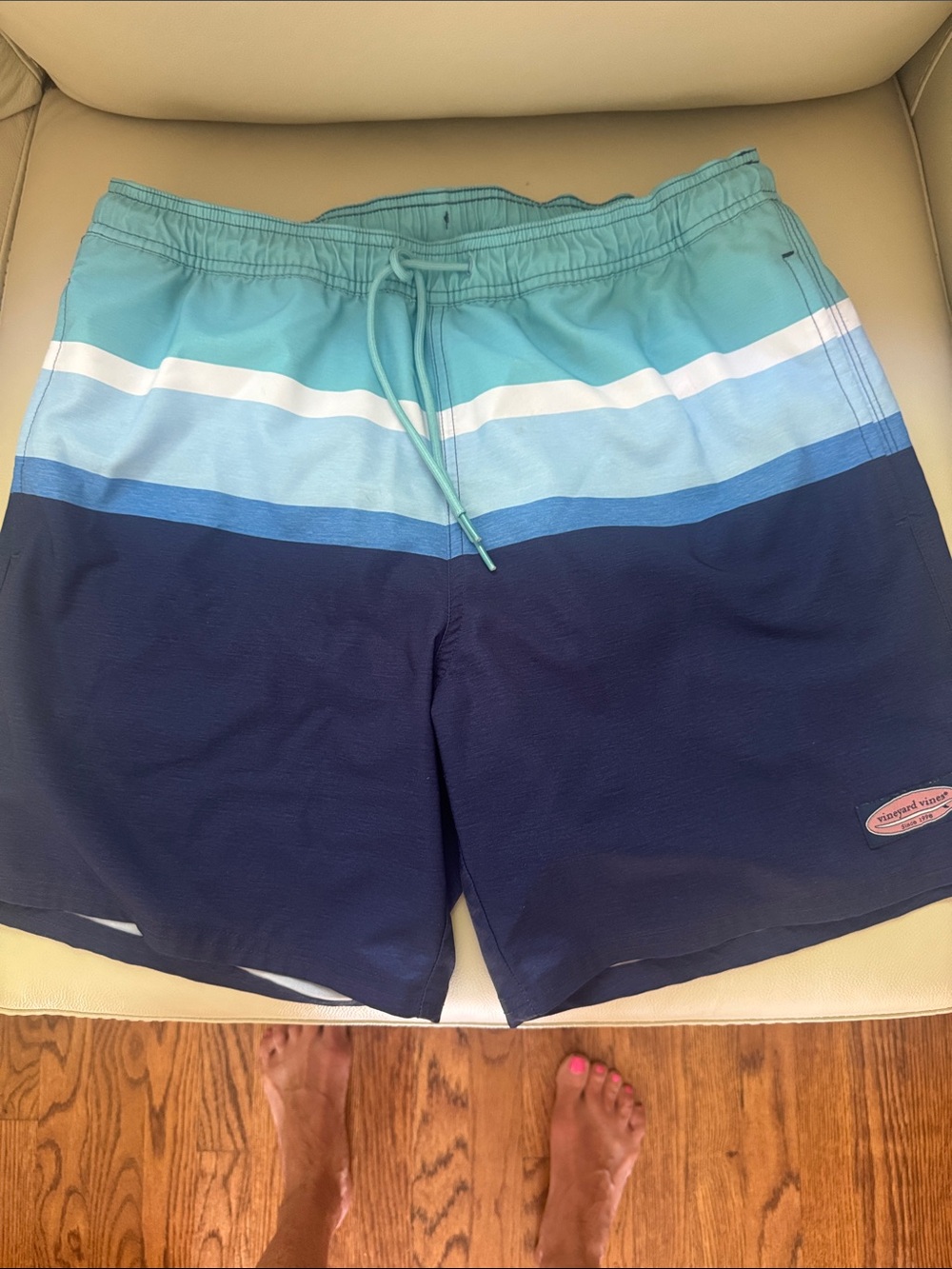 Vineyard Vines Men's Aqua, Light Blue & Navy Stripe Swim Shorts Sz med